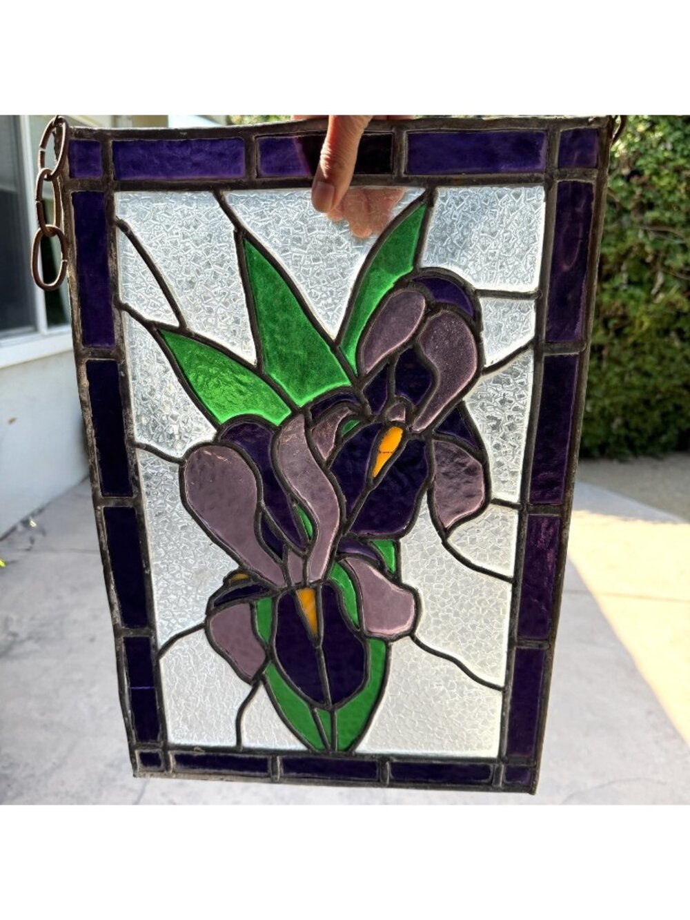 Vintage Stained Glass Handcrafted Purple Iris Sun-catcher Panel Lead Frame Heavy